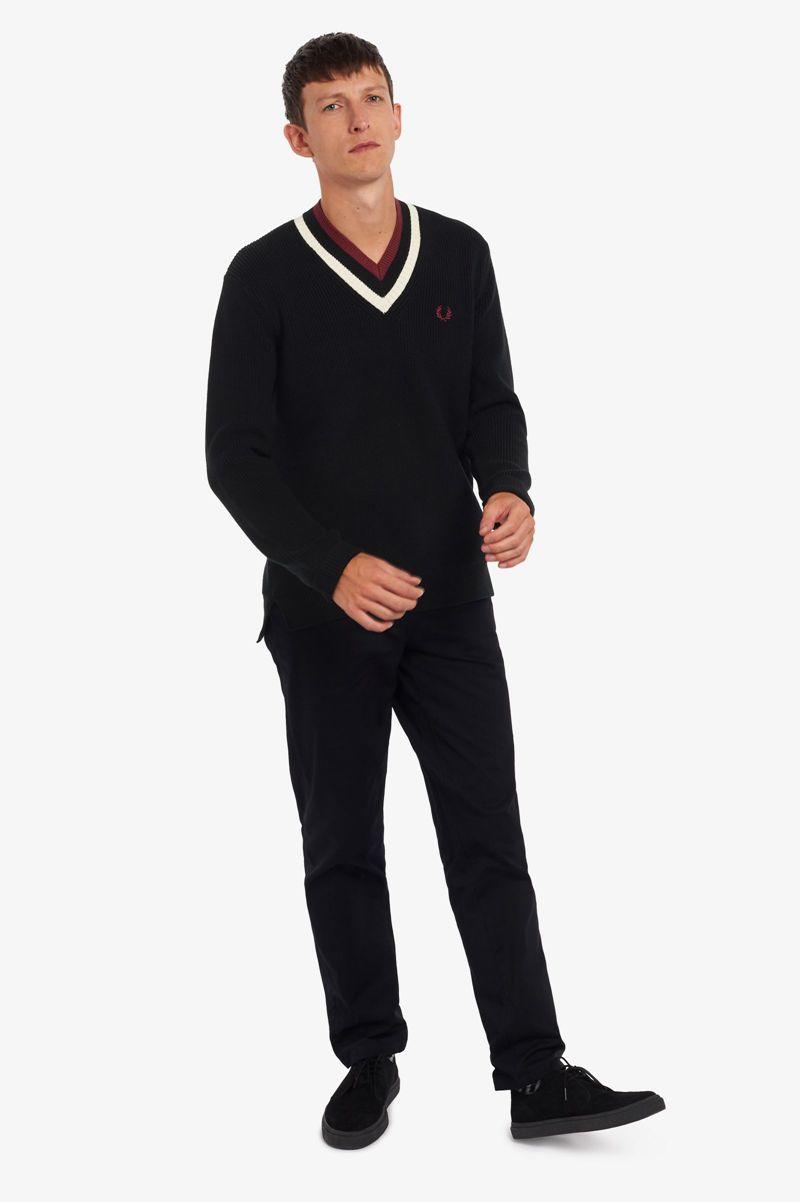 Black Fred Perry Striped V-Neck Jumper Men's Knitwear | PH 1322ZUTG